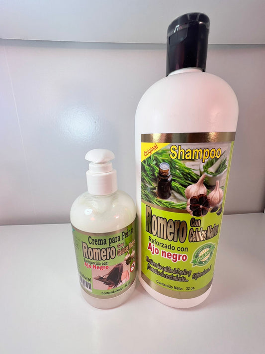 Romero - Black Garlic Hair Care Set, 32 oz shampoo and 16 oz styling cream, natural growth formula, Romero - Set de cuidado del cabello con ajo negro, champú de 32 onzas y crema de peinado de 16 onzas, fórmula de crecimiento natural