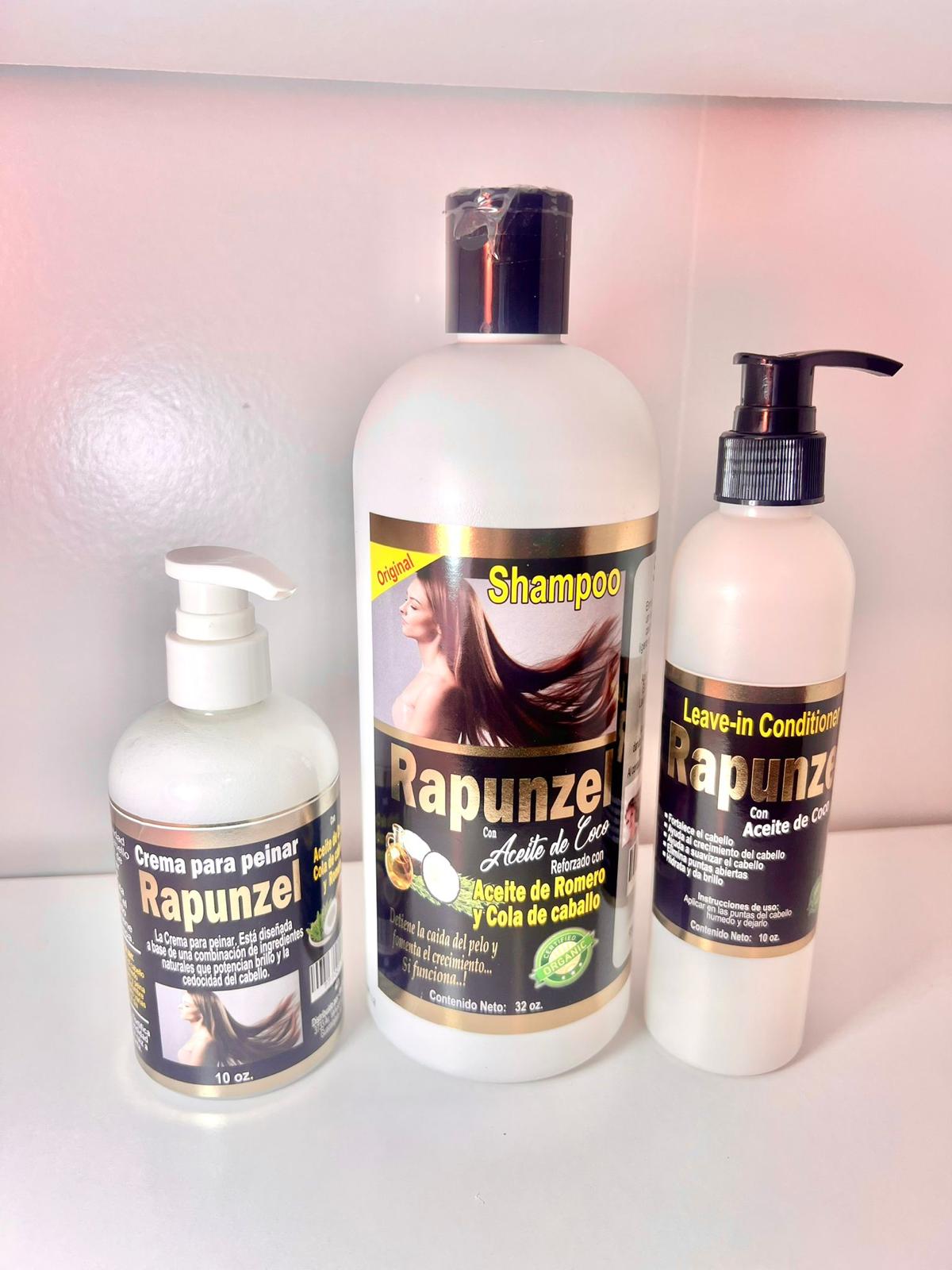ORGANIC RAPUNZEL SET WITH COCONUT OIL, ENHANCED WITH ROSEMARY OIL AND HORSETAIL EXTRACT TO PROMOTE GROWTH, FREE OF MINOXIDIL. SET INCLUDES SHAMPOO, LEAVE-IN CONDITIONER AND STYLING CREAM.