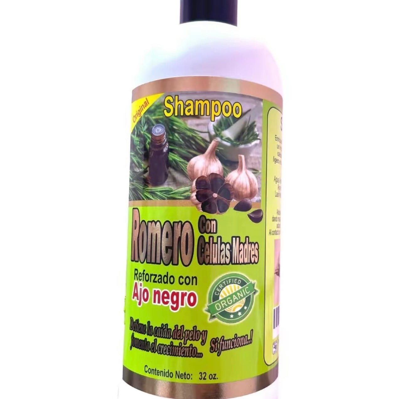 SHAMPOO ORGANIC DE ROMERO CON CÉLULAS MADRE Y REFORZADO CON AJO NEGRO